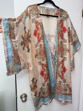 Johnny Was Beige Floral Paisley Kimono with Red and Blue Accents